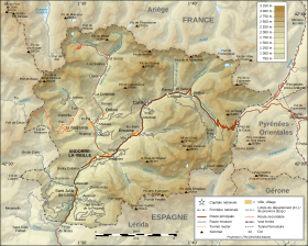 Carte topographique de l'Andorre. La frontière avec la France est située au nord et à l'est du pays.