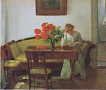 Enteriőr pipacsokkal és olvasó nővel (Lizzy Hohlenberg), Anna Ancher, 1905