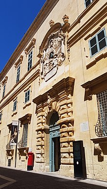 Auberge d'Italie, originally designed by Girolamo Cassar in the Mannerist style but later redecorated in the Baroque style Auberge d'Italie, Valletta 002.jpg