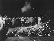 A Nazi book burning on 10 May 1933 in Berlin, as books by Jewish and leftist authors are burned Bundesarchiv Bild 102-14597, Berlin, Opernplatz, Bucherverbrennung.jpg