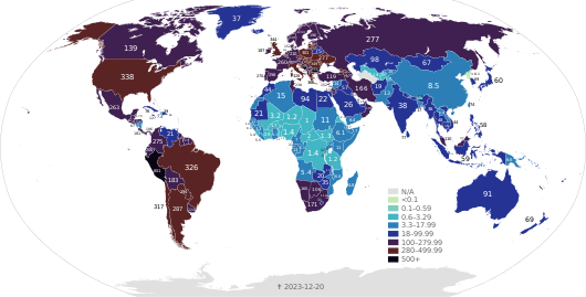 Mapa świata pokazująca liczbę zgonów na 1 milion mieszkańców