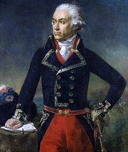 Картина с изображением решительного мужчины, который стоит, положив левую руку на бедро, а правую - на стол. Он носит темно-синее двубортное военное пальто с красными бриджами. Его волосы или парик в стиле конца 18 века, припудренные белой пудрой и завитые у ушей.