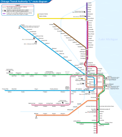 Map depicting the geographic layout of the right rapid transit lines of the Chicago "L" system. All lines except the Yellow Line operate from the central business district (the Loop) in the following directions: north, northwest, west, southwest, and south. Lake Michigan is to the east. The Red Line travels north and south and makes connections with all of the other lines and passes through the Loop. The Brown Line follows a crooked path leading from the northwest to the Loop. It shares a portion of its route with the Red Line but terminates in the Loop. The Purple Line begins somewhat north of the Red Line and connects with it at the Red Line's northern terminus. Below this, the Purple line appears as a dashed route, indicating that service over this portion is only in operation during peak travel periods. The Purple Line then follows the Red Line south until it meets with the Brown Line. After that, it follows the Brown Line route to the Loop and terminates. The Blue Line begins in the far northwest section of the map and its route takes it southwest into the Loop before turning and heading due west from the Loop. The Green Line begins in the western portion of the map just above the straight east-west leg of the Blue Line and heads east into the Loop where it turns and heads south. At its southern end it splits into two short branches: one heads east and the other west. The Pink Line is beneath the east-west leg of the Blue Line and also travels east but then turns north, crosses the east-west leg of the Blue Line, and meets up with the east-west leg of the Green Line. It then follows the Green Line route to the Loop where it terminates. The Orange Line takes a crooked path northeast from the southwest portion of the city into the Loop where it terminates. The Yellow Line (the only line to not pass through the Loop) begins at the northern terminus of the Red Line and heads west. It then turns northwest and continues a short distance before terminating. In the lower left hand corner is a detail of the Loop area. The Loop Elevated is a rectangular section of track which the Brown, Purple, Green, Pink, and Orange Lines operate over. The Red and Blue Lines are depicted as passing beneath the other five lines, indicating that these pass through the area underground. The Brown and Purple enter from the northwest corner from the north. The Pink and western segment of the Green enter from the same corner, but from the west. The Orange and southern portion of the Green enter from the south at the southeastern corner. The Purple, Orange and Pink all make a rectangular circuit of the Loop traveling clockwise. The Brown Line makes the circuit traveling counterclockwise. The Green Line is the only line to traverse the loop without making a circuit. It enters from the west on the northern leg then continues south via the eastern leg.