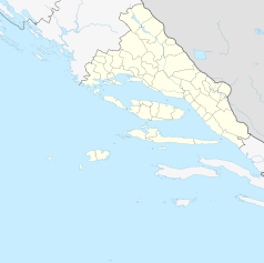 Mapa konturowa żupanii splicko-dalmatyńskiej, blisko centrum u góry znajduje się punkt z opisem „Zabytkowe centrum Splitu z Pałacem Dioklecjana”