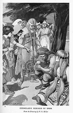 Cuchulainn rebutjat per Emer. Il·lustració de H. R. Millar, c. 1905.