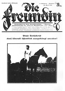 Reproduction of a German magazine cover with the title "Die Freundin" showing a nude woman sitting on a horse, looking behind her.
