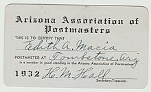 Edith's Arizona Association of Postmasters Card 1932