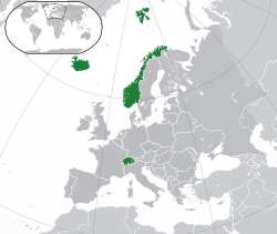 Location of the EFTA{{{1}}} (green)in Europe (green & dark grey)