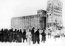 German soldiers as prisoners of war. In the background is the heavily fought-over Stalingrad grain elevator. German pows stalingrad 1943.jpg