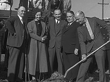 Councilman F. P. Buyer (far left) and Mayor Frank Shaw (second from right) at a groundbreaking ceremony at Watts City Hall, 1936. Groundbreaking ceremony for Watts City Hall, 1936.jpg