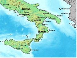 Carte du sud de l'Italie indiquant Thourioi, dans le golfe de Tarente