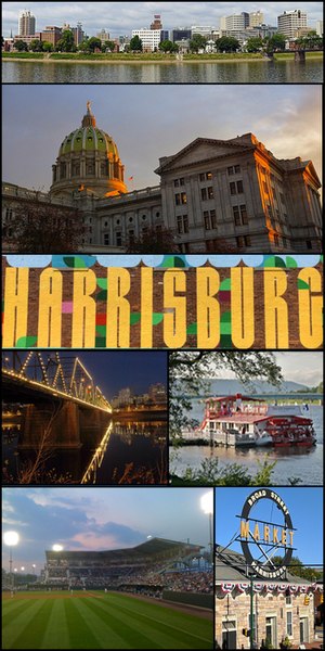 從上到下，從左到右：哈里斯堡天際線、賓夕凡尼亞州議會大廈，賓夕凡尼亞州哈里斯堡市中心的「Harrisburg」壁畫，核桃街大橋, 薩斯奎哈納的驕傲, FNB球場和寬街市場