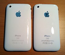 The reverse of the iPhone 3G (left) is almost identical to that of the 3GS, except for the latter's reflective silver text which now matches the silver Apple logo, replacing the 3G's grey text. IPhone 3G and 3G S backs.jpg