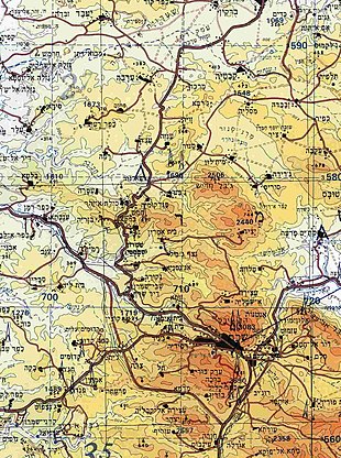 Section of topographical map of Nablus area (West Bank) with contour lines at 100-meter intervals. Heights are colour-coded. IsraelCVFRtopography.jpg