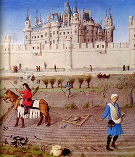 Peasants preparing the fields next to the medieval Louvre Castle for the winter with a harrow and sowing for the winter grain, from The Very Rich Hours of the Duke of Berry, c. 1410 Les Tres Riches Heures du duc de Berry octobre detail.jpg