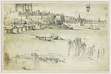 Riproduzione di un disegno seicentesco su pergamena che rappresenta un paesaggio della Loira con il castello di Montsoreau e il castello di Saumur.