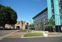 Magazine Square, with the Hugh Aston Building and the medieval Magazine Gateway Magazine Square, Leicester.jpg