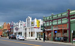 Photographic streetscape in the Downtown Pomeroy Historic District, a series of single-story, brick commercial buildings