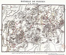 Detailed contemporary map of the Battle of Fleurus, showing the total action of the battle from beginning to end. As this map was made while the war was still ongoing and the facts had not yet been clarified by later scholarship, note that there are some labelling inaccuracies, such as Muller's division being named instead of Duhesme's, and Kleber being given a division. Map Fleurus 1794.jpg