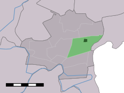 The town centre (dark green) and the statistical district (light green) of Berkhout in the former municipality of Wester-Koggenland.