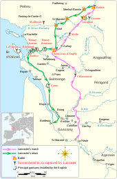 Carte montrant les mouvements de l'armée anglaise. Partant de la Réole, elle se dirige plein nord, loin d'Aiguillon, et s'enfonce jusqu'à Poitiers avant de rebrousser chemin vers Bordeaux en longeant la côte