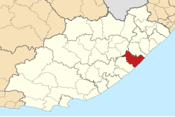 Kaart van Suid-Afrika wat Mbhashe in Oos-Kaap aandui