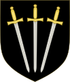 Arms of Poulett: Sable, three swords pilewise points in base proper pomels and hilts or