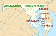 Some of the historical Native tribes of Maryland Maryland Indigenous Tribes.svg