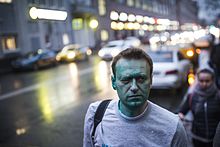 Navalny after being doused in green dye Navalny zelenka.jpg