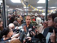 Hager speaking to journalists outside the launch of Dirty Politics Nicky Hager-DirtyPolsLaunch1.jpg