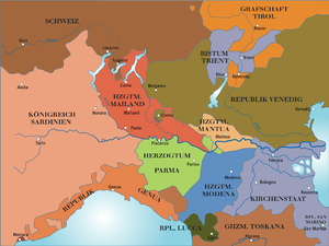 Территория города Крема (по центру) в составе Венецианской республики (вскоре перейдёт под контроль республики Крема)