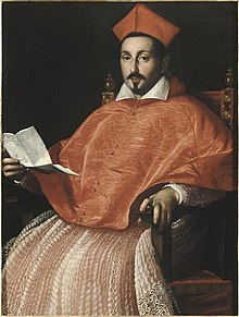 Peinture d'un cardinal catholique en habit rouge, une lettre à la main.