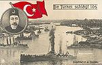 صورة للأسطول العثماني داخل مضيق القرن الذهبي على بطاقة بريدية ألمانية تعود للسنوات الأولى من الحرب العالمية الأولى.