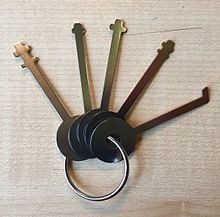 A common set of skeleton keys used to open most types of warded padlocks Padlock Skeleton Keys.jpg