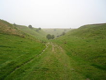Bridle path down from the Ridgeway to Bishopstone, Salisbury, Wiltshire, England. Path down from the Ridgeway to Bishopstone, Wiltshire.jpg