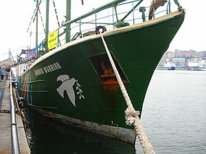 The Rainbow Warrior at the port of Genoa in Ju...