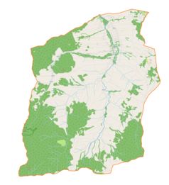 Mapa konturowa gminy Słopnice, blisko górnej krawiędzi po prawej znajduje się punkt z opisem „Przylaski”