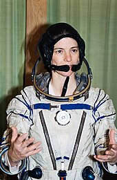 In a cosmonaut space suit in the Training Simulator Facility at the Yuri Gagarin Cosmonaut Training Center in Star City, Russia. S94-45644 STS-71 astronauts training in Russia.jpg