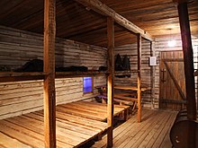 A shack in a gulag - a reconstruction in the Museum of the Occupation of Latvia. The number of prisoners confined to each shack is not stated Shack from Gulag - Museum of the Occupation of Latvia.JPG