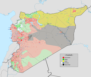 Mapa Sýrie v roce 2016:      syrská vláda (syrské ozbrojené síly)      syrská opozice      Syrské demokratické síly      Islámský stát (IS)