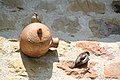 Terracotta vogelhuis met twee mussen