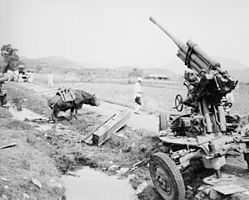 A Russian made M-1944 (KS-18) 85mm anti-aircraft gun, captured from the North Korean forces in the village of Chuchon-ni, Korea