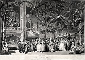 Vauxhall gardens (1785), par le caricaturiste anglais Thomas Rowlandson. Au centre, Georgiana Cavendish, duchesse de Devonshire, est accompagnée de sa sœur. Samuel Johnson est attablé à gauche entre Oliver Goldsmith et James Boswell. Mary Robinson est représentée à droite, aux côtés du prince de Galles, futur Georges IV. (définition réelle 8 799 × 6 190)
