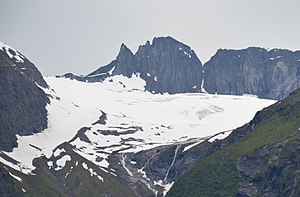 Tindefjellbreen, Blick von Hjelle auf den nordöstlichen Ausläufer, 2017