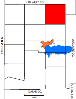 Location of Union Township (red) in Mercer County, relative to the کاؤنٹی مرکز of Celina (orange) and Grand Lake St. Marys in (blue)