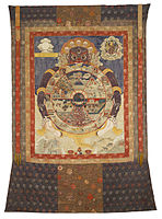 A traditional Tibetan thangka showing the bhavacakra. This thangka was made in Eastern Tibet and is currently housed in the Birmingham Museum of Art.