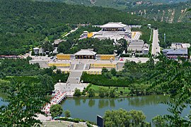 Xuanyuan Temple in Huangling, Yan'an, Shaanxi, dedicated to the worship of the Yellow Emperor (said to be the ancestor of all Chinese) at the ideal sacred centre of China.[a]