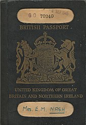 A British passport from 1945, with the royal coat of arms depicted with a Tudor Crown. 1945 UK Passport.jpg