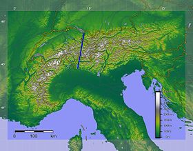 Условная линия, разделяющая Западные и Восточные Альпы.