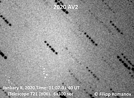 Совмещение 6 последовательно сделанных фотографий. Астероид выглядит точкой в центре иллюстрации. Другие точки, составляющие последовательные цепочки, это изображения звёзд, на фоне которых движется астероид.